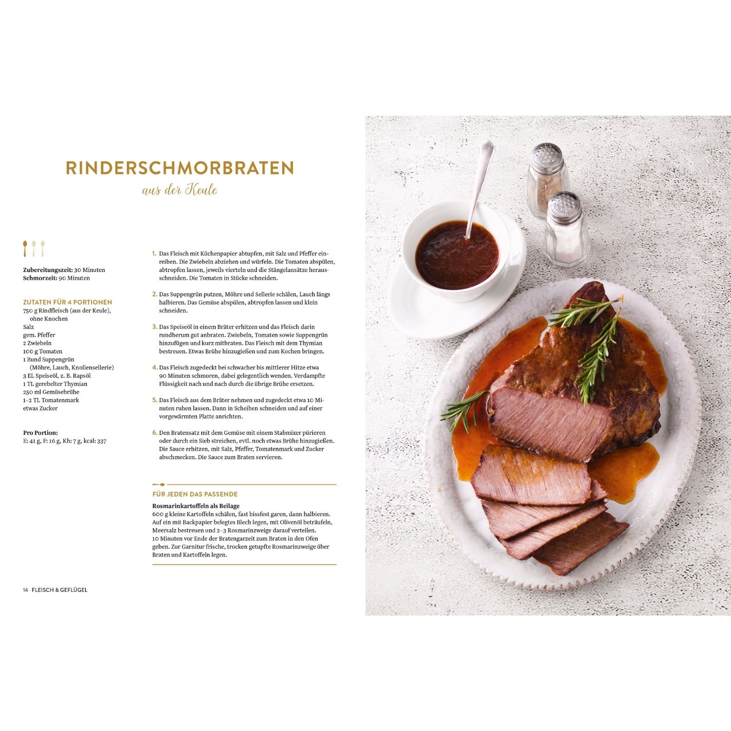 Rezept für Rinderschmorbraten mit Bild von Rinderschmorbraten auf einer weißen Oberfläche daneben mit Kaffee