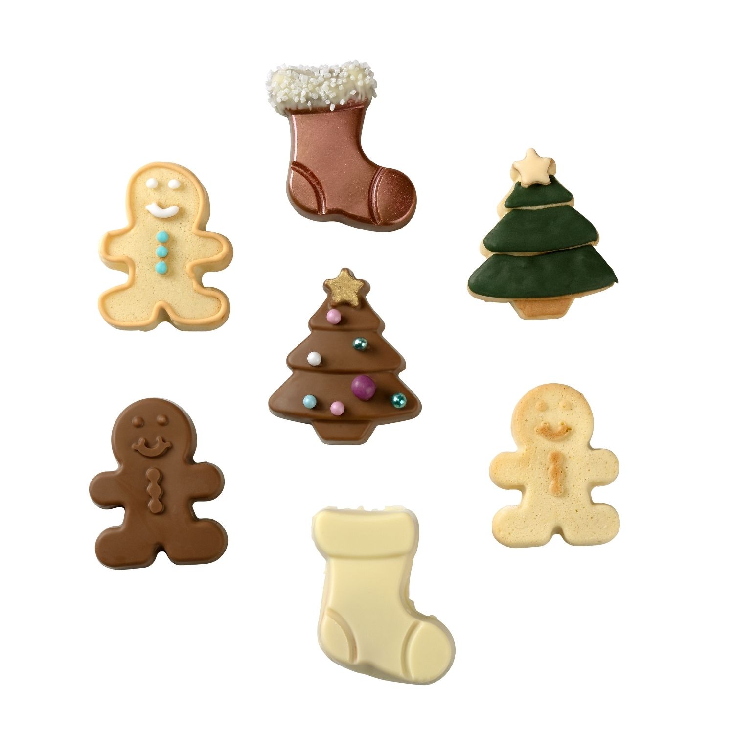 fertige Gebäcke mit Weihnachtsmotiven auf weißem Hintergrund