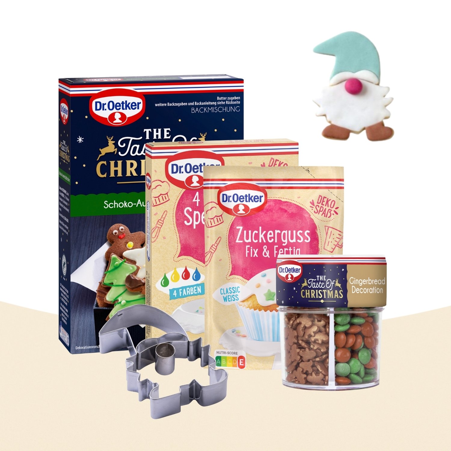 Produktbild: Set für Weihnachtskekse, inklusive Backmischung für Ausstechplätzchen, Lebensmittelfarben, Zuckerguss, Streusel in weihnachtlichem Motiv und einem Ausstecher in Wichtel-Form