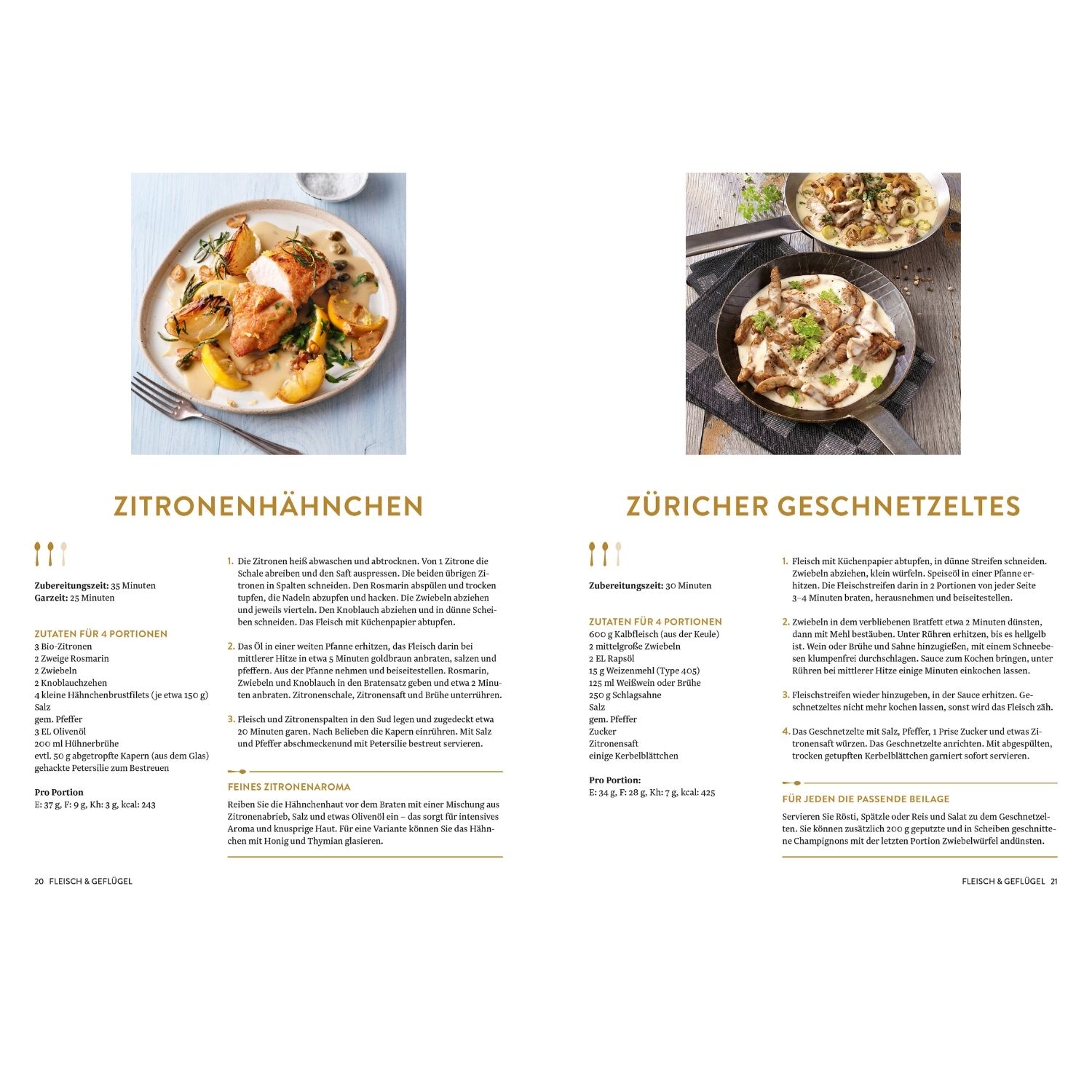 Rezepte für Zitronenhähnchen und Züricher Geschnitzeltes mit Bildern davon