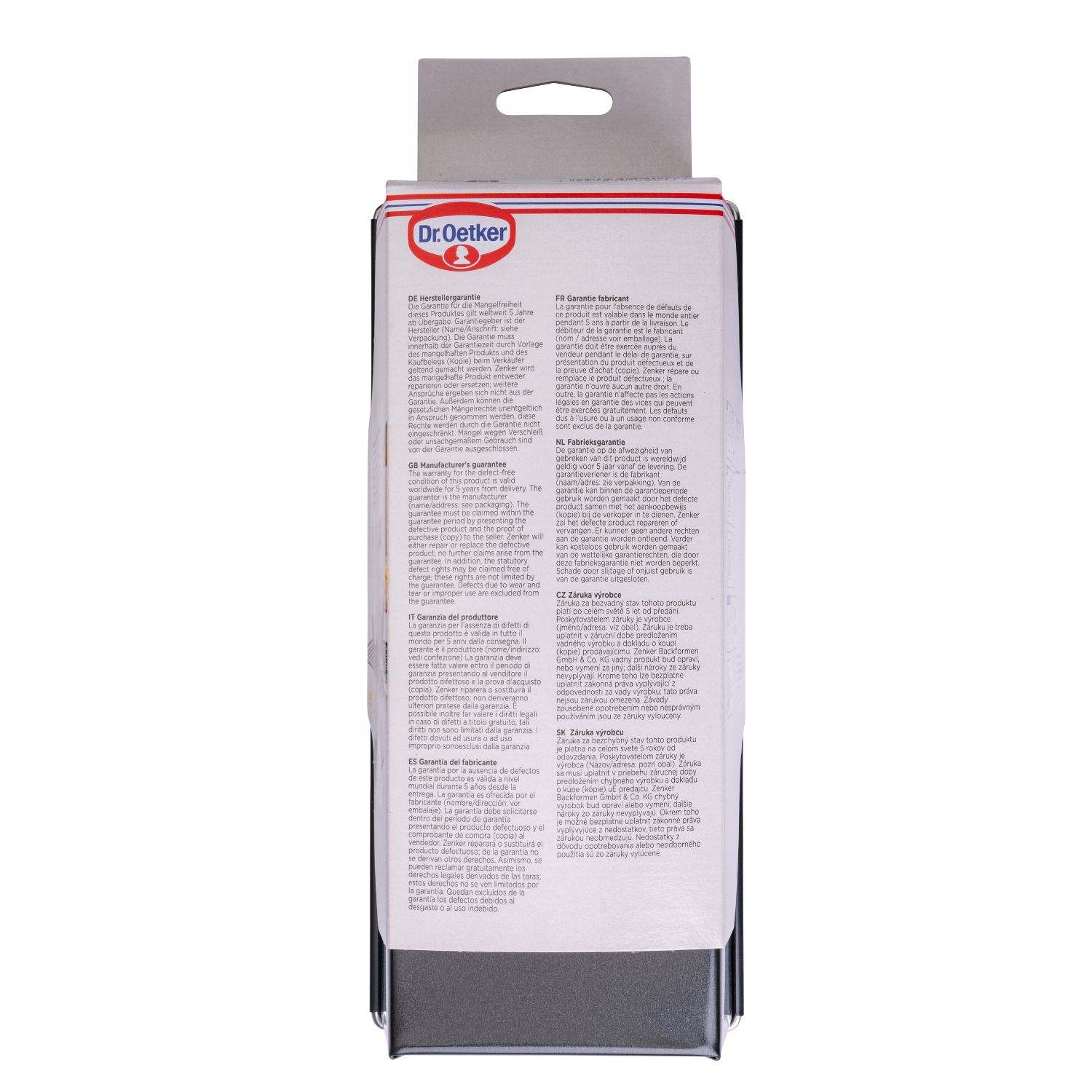 Schwarze Kasten-Backform mit Verpackung von hinten, auf weißem Hintergrund