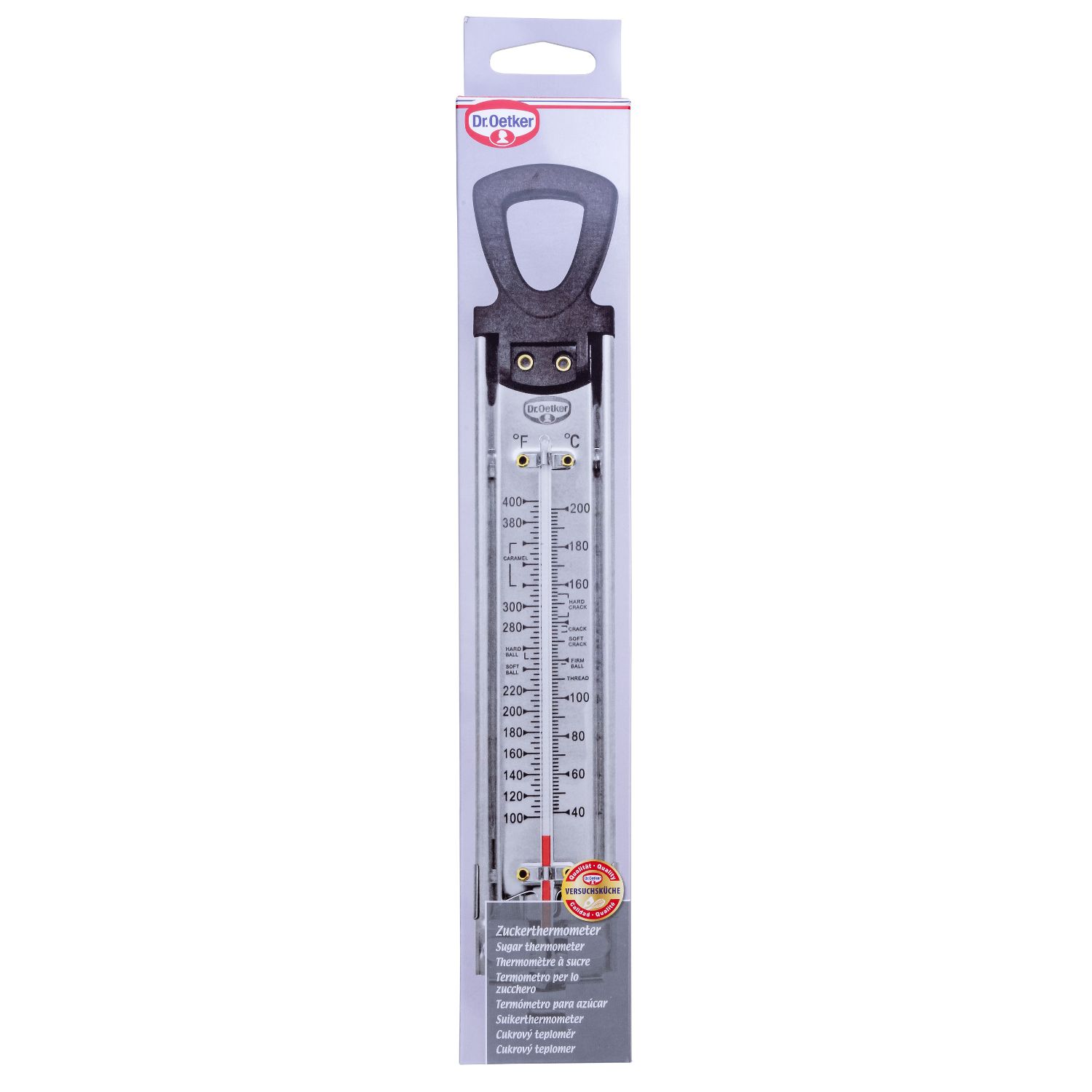 Zuckerthermometer in der Verpackung vor weißem Hintergrund