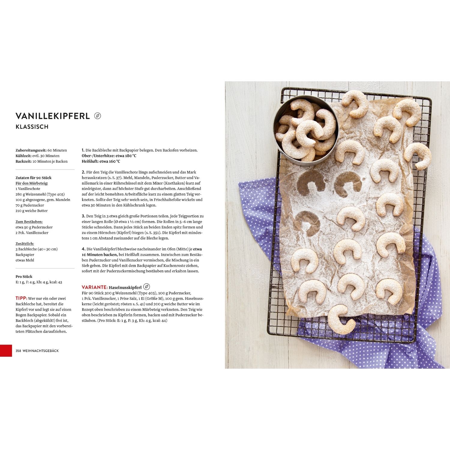 Rezept für Vanillekipferl mit Bild von Vanillekipferl auf Auskühlgitter mit lila Tuch