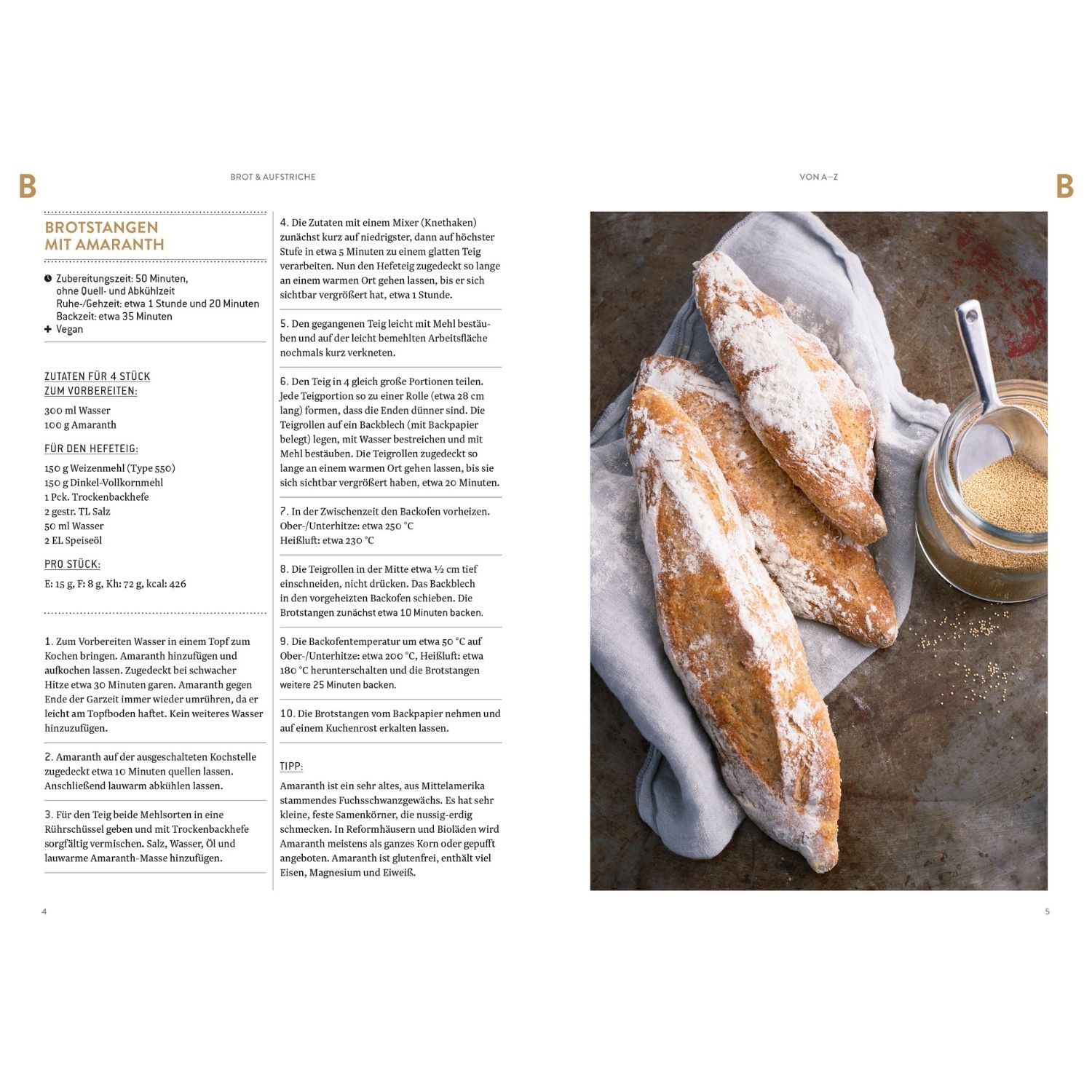 Rezept für Brotstangen mit Amaranth und einem Bild einer Brotstange auf einem Holztisch daneben