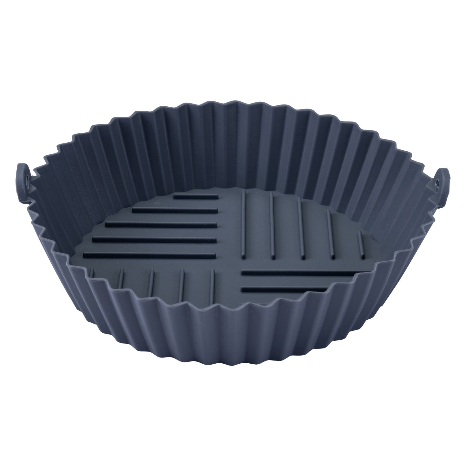 Eine runde Silikonform mit gerillten Boden vor weißem Hintergrund