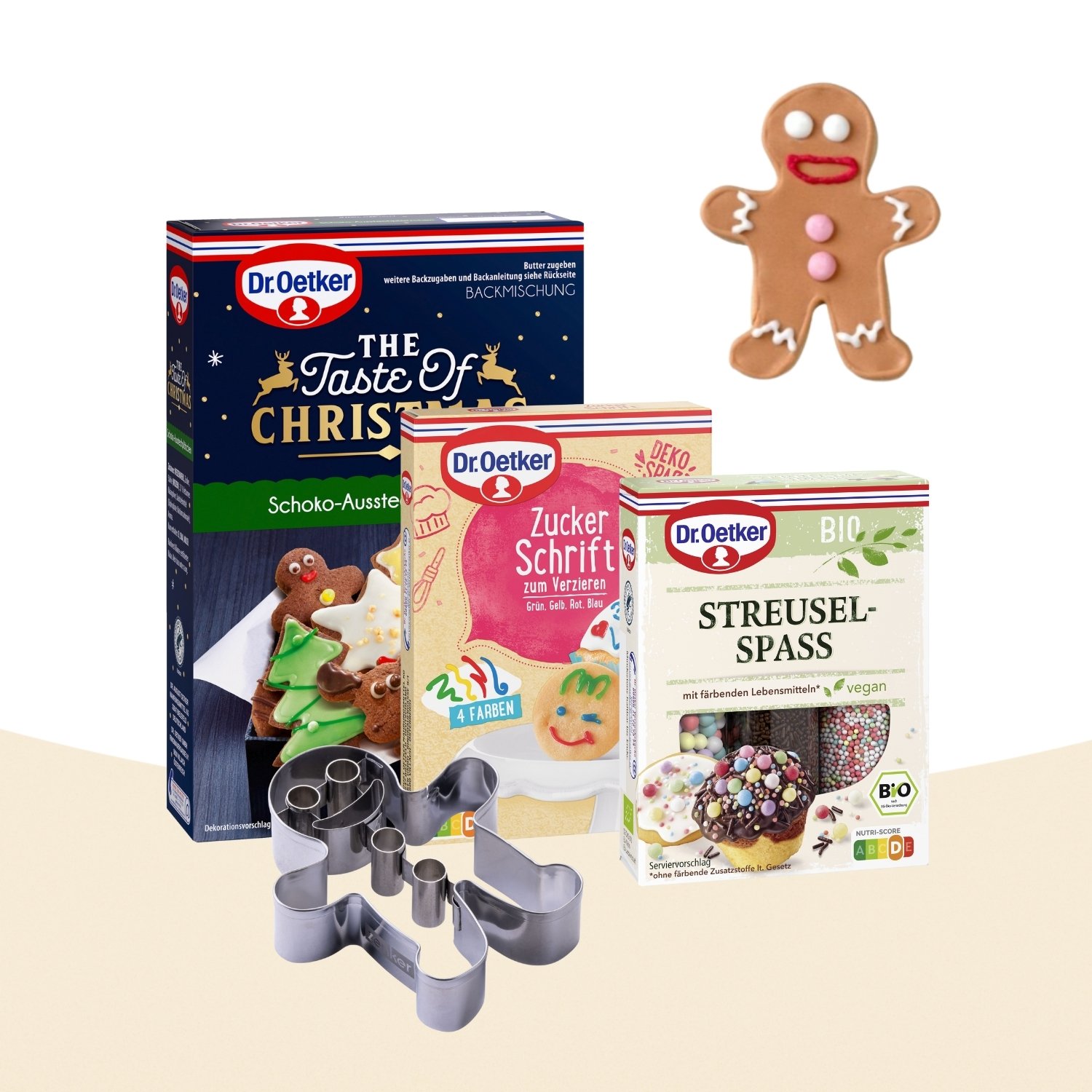 Produktbild: Set für Weihnachtskekse, inklusive Backmischung für Schoko-Kekse, Speisefarben, Streusel und einem Ausstecher Lebkuchenmännchen
