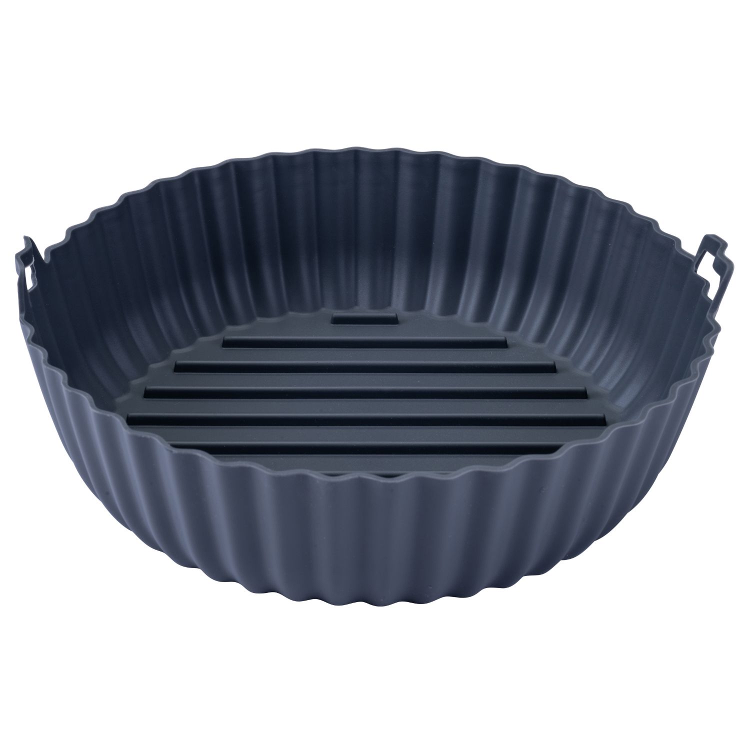 Eine runde, grau Silikonform für die Heißluftfritteuse mit gerilltem Boden