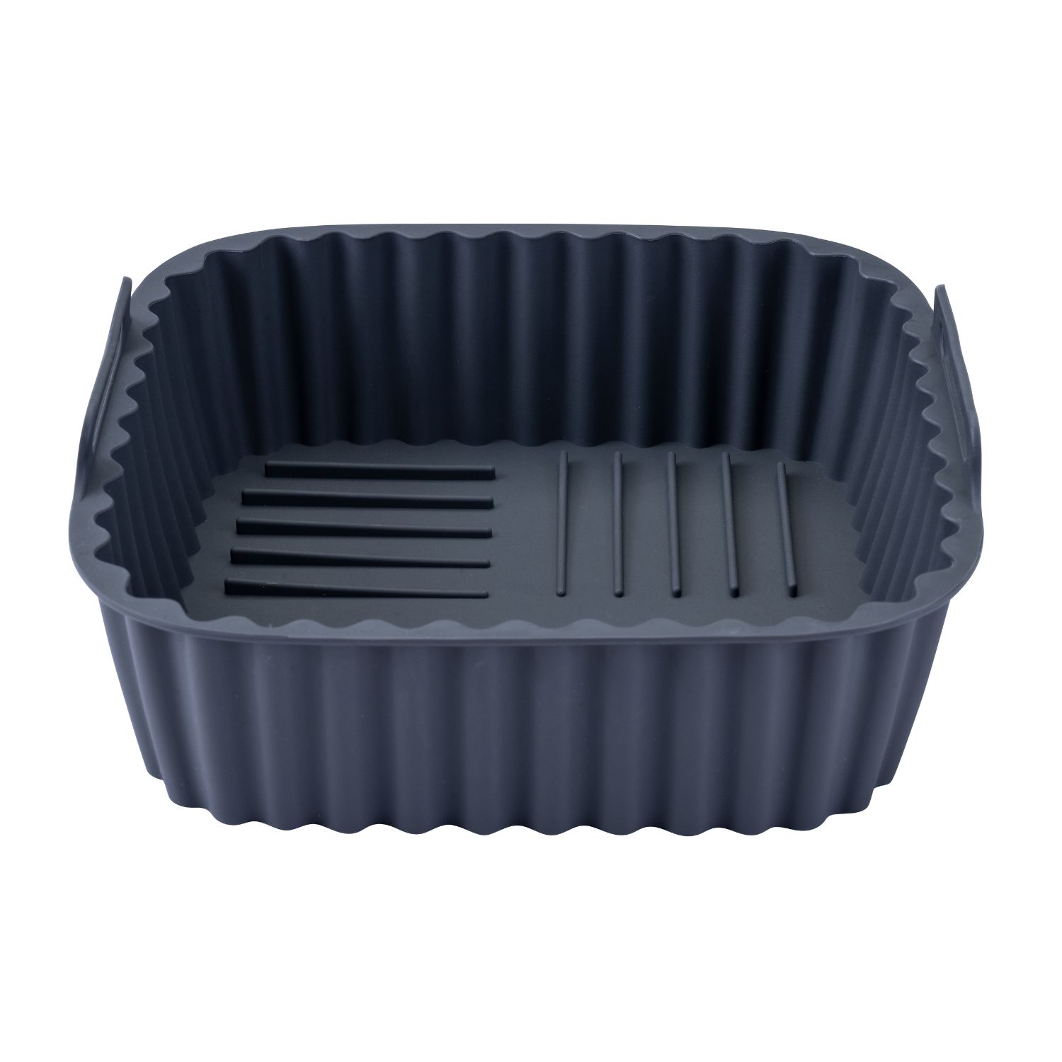 Graue, eckige Silikonform mit gerilltem Boden vor einem weißen Hintergrund