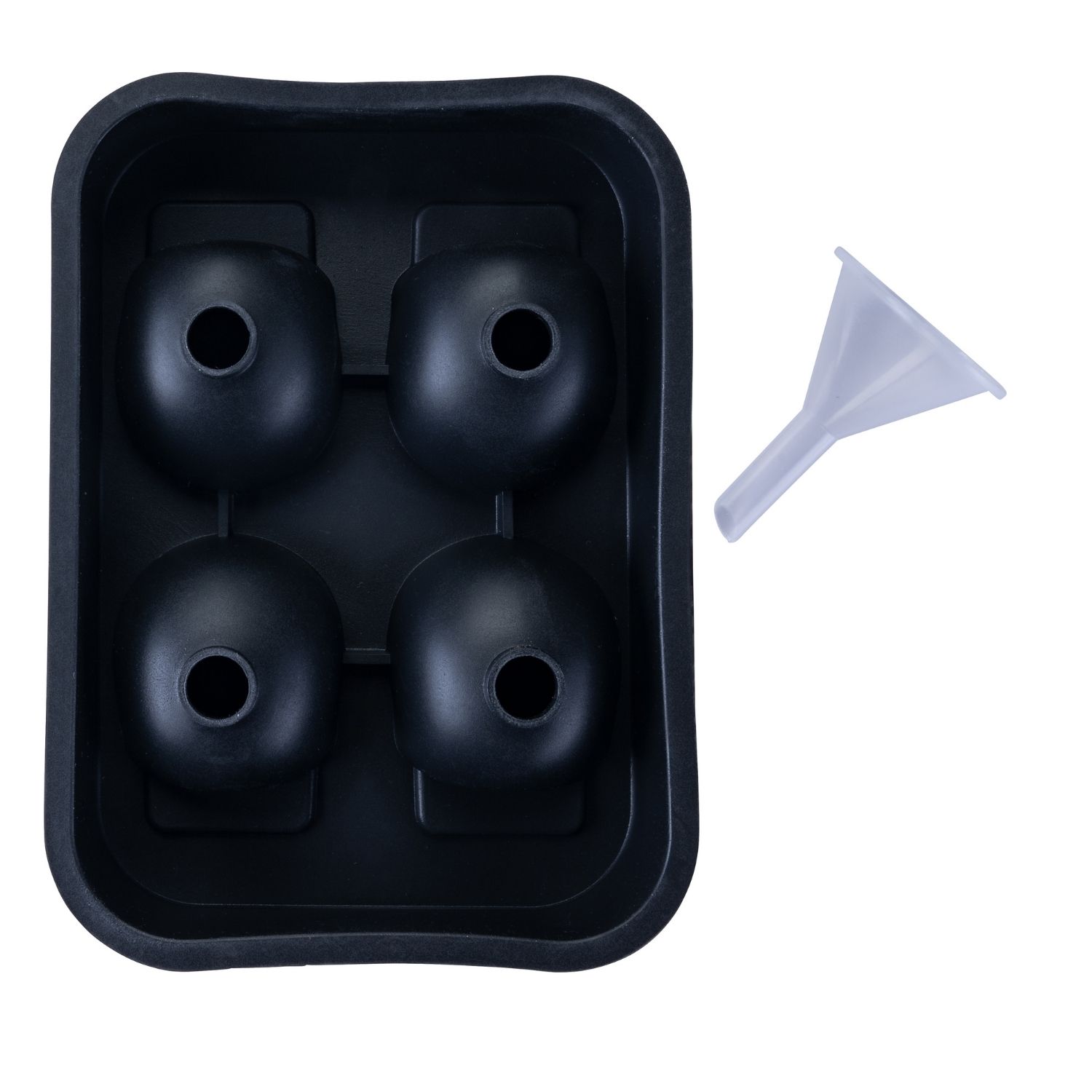schwarze Eiswürfelform aus Silikon mit durchsichtigem Trichter