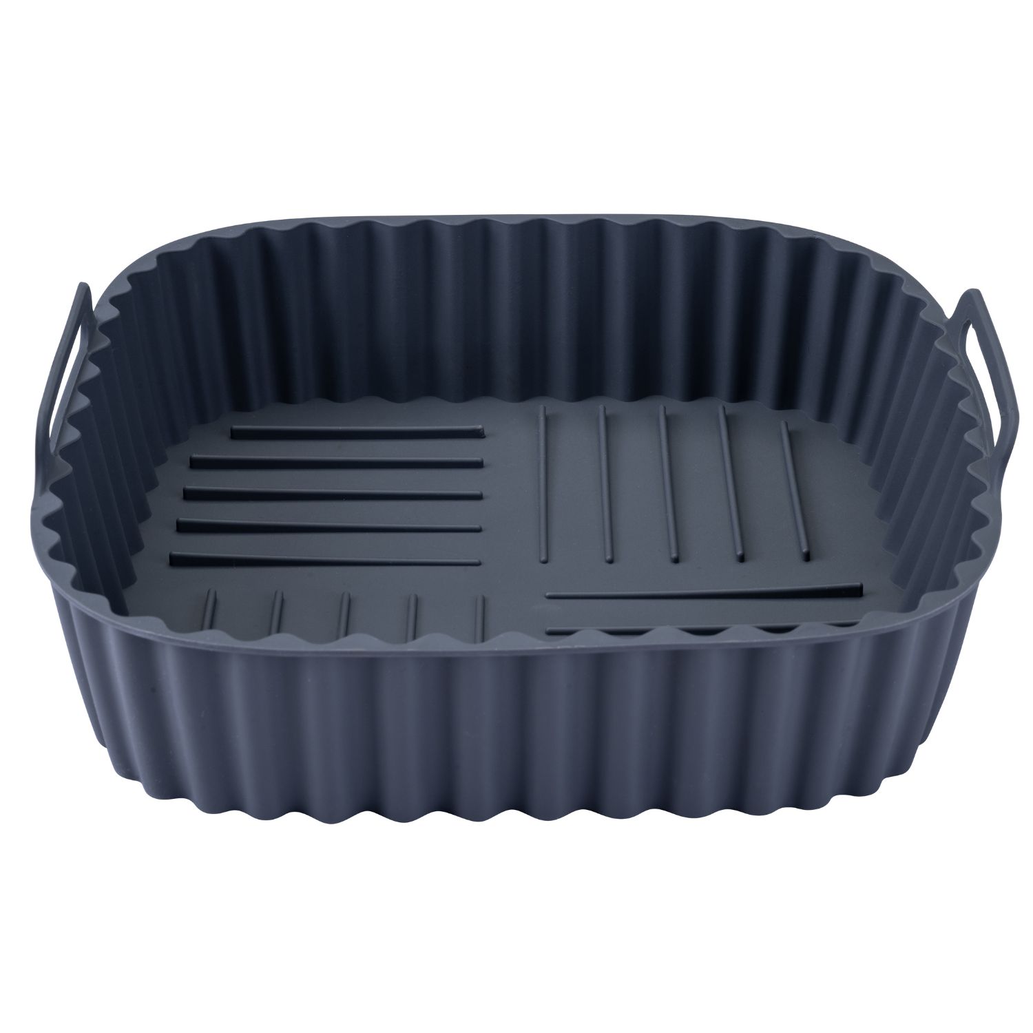 Eckige Silikonform mit gerilltem Boden vor weißem Hintergrund