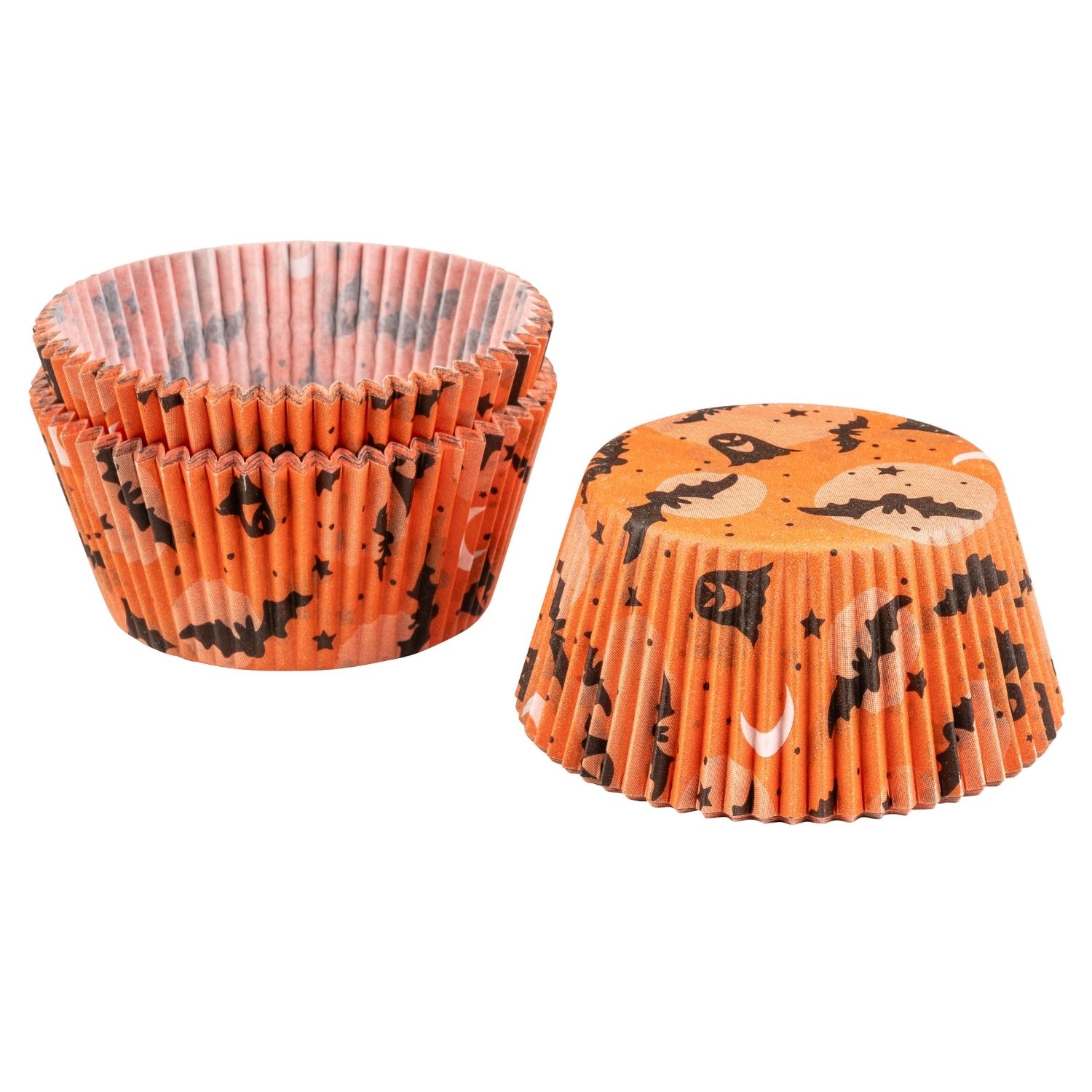 Muffinbackförmchen im Halloween Fledermaus Design mit Fledermäusern auf oranger Fläche