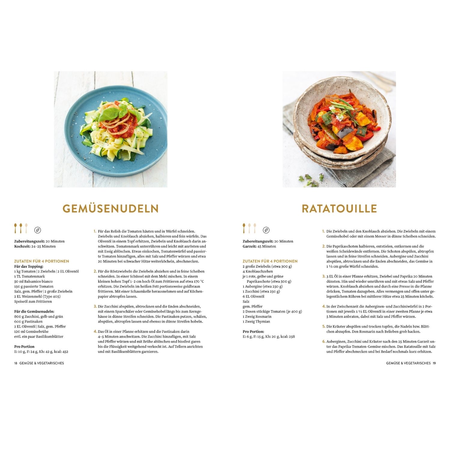 Rezepte für Gemüsenudeln und Ratatouille mit Bildern davon