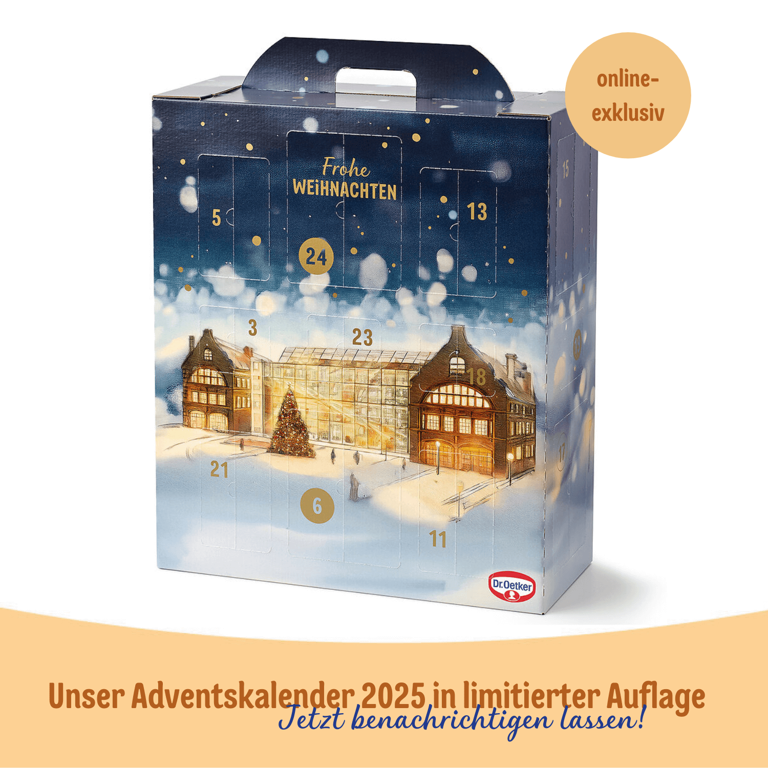 Dr. Oetker Adventskalender 2025 mit winterlichem Motiv und Überschrift 