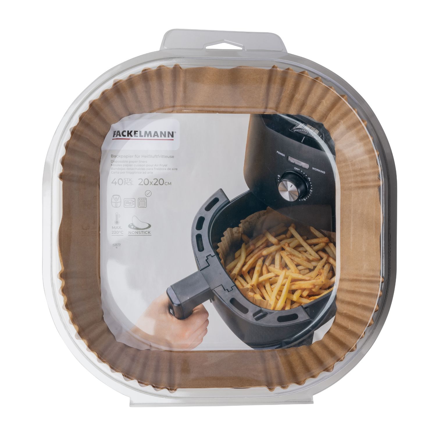 Backpapier eckig 20 cm für die Heissluftfritteuse in der Verpackung