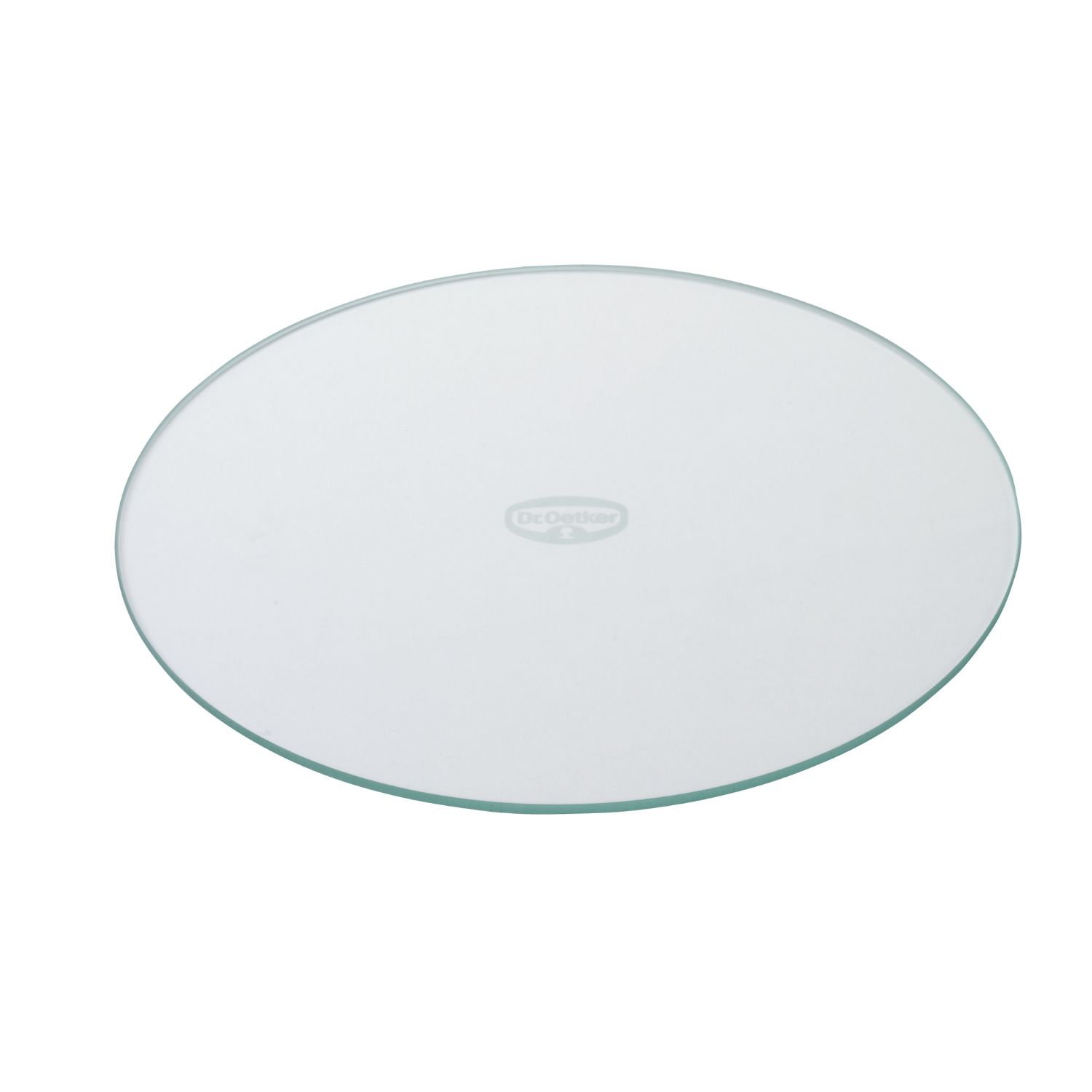 Ein runder Glasboden einer Springform, mit dem Dr. Oetker Logo, vor einem weißen Hintergrund