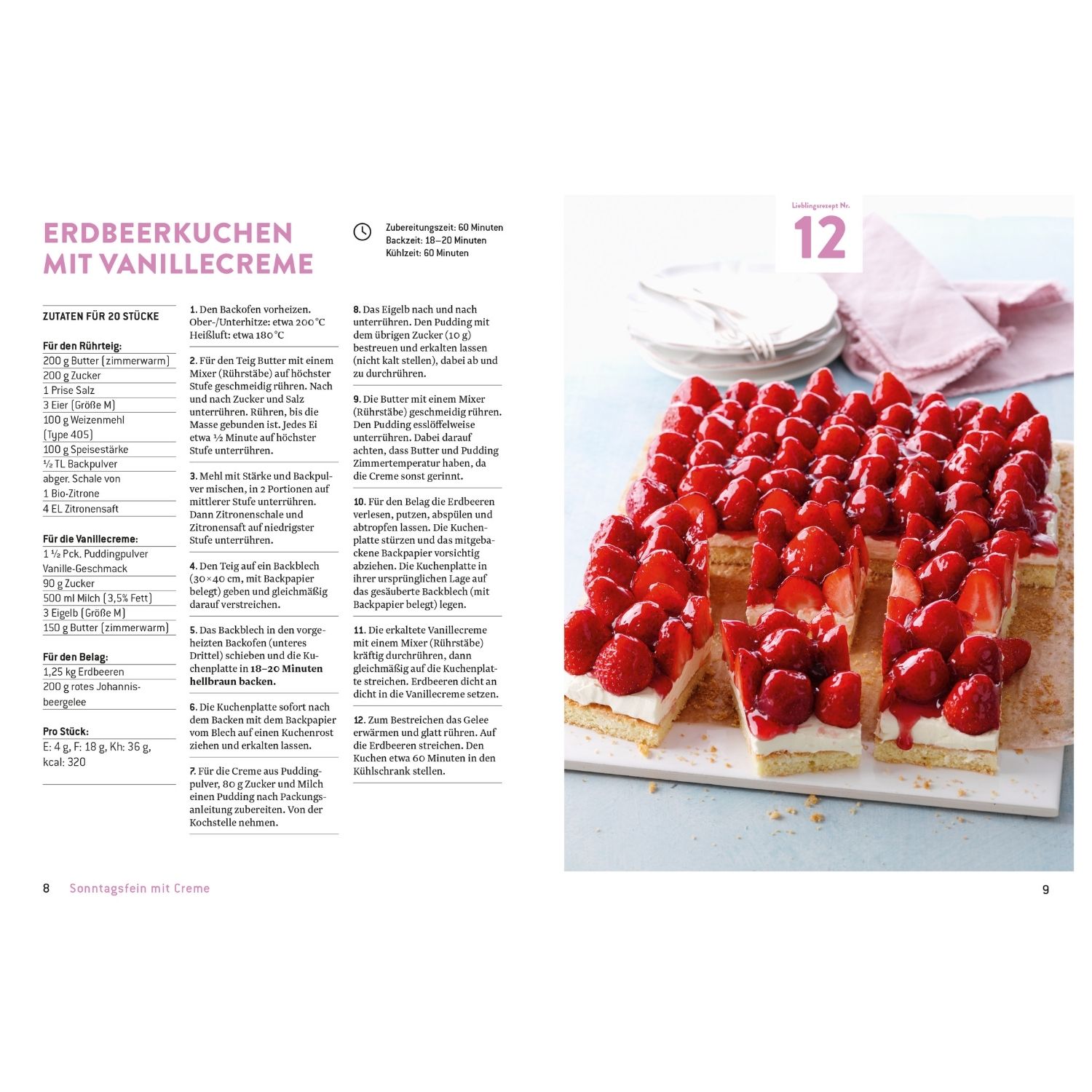 Rezept für einen Erdbeerkuchen mit Vanillecreme und daneben Bild davon
