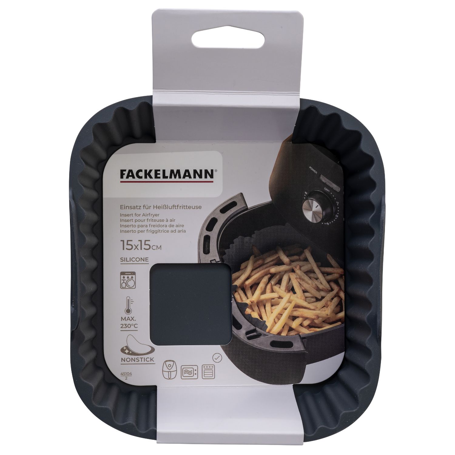 Eine eckige Silikonform für die Heißluftfritteuse mit Verpackung