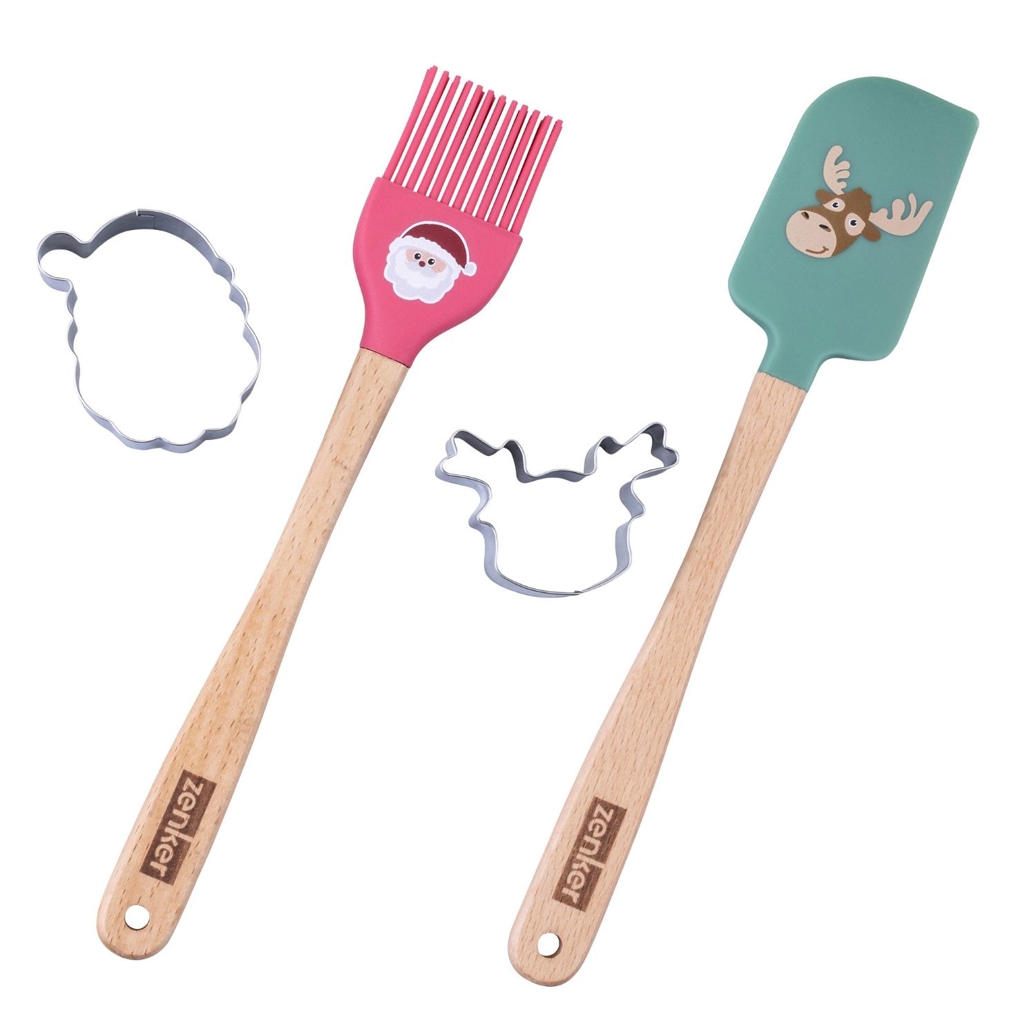 Backpisel und Schaber mit Weihnachtsmotiven in rosa und grün mit Ausstechern daneben