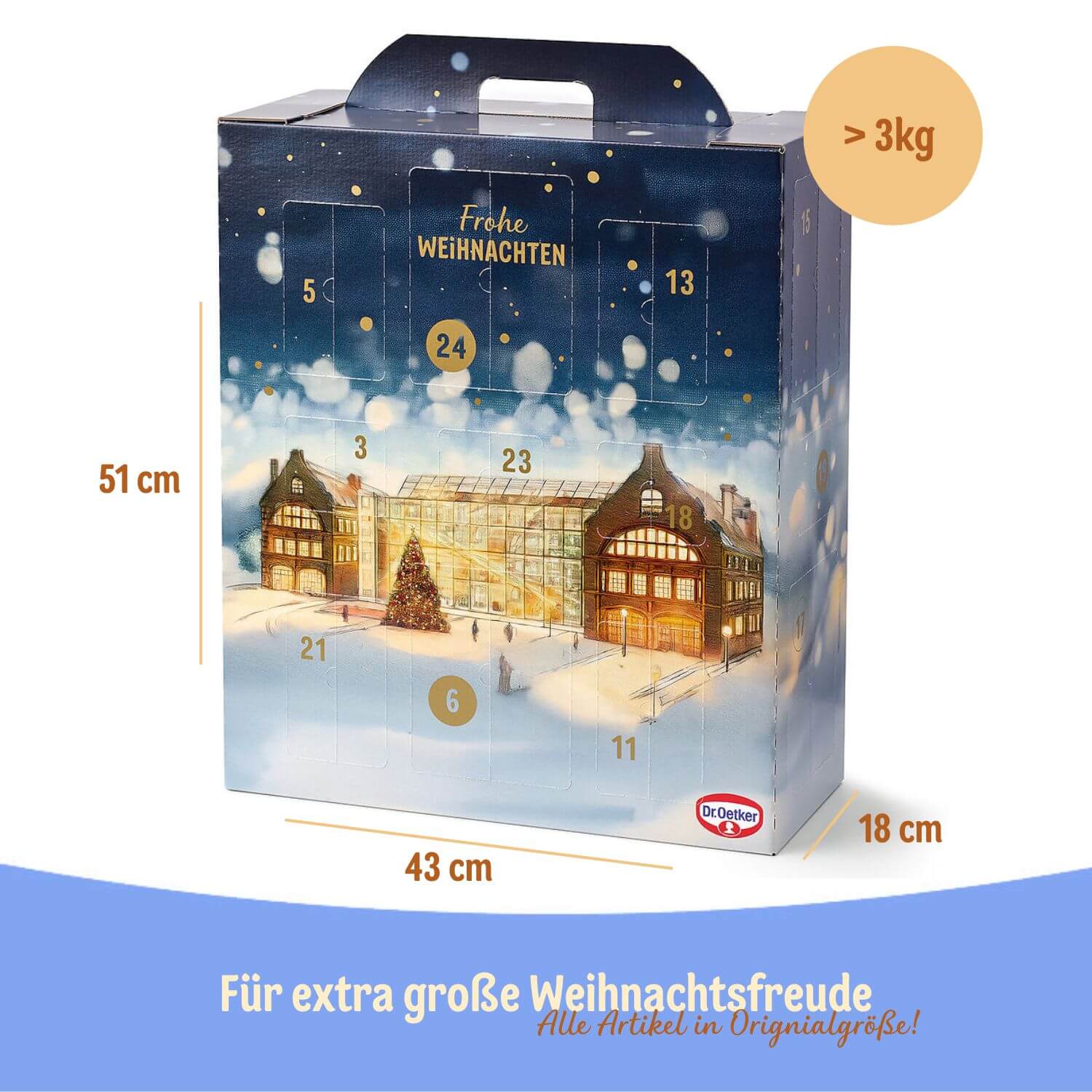 Packshot des Dr. Oetker Adventskalenders mit Produktabmessungen