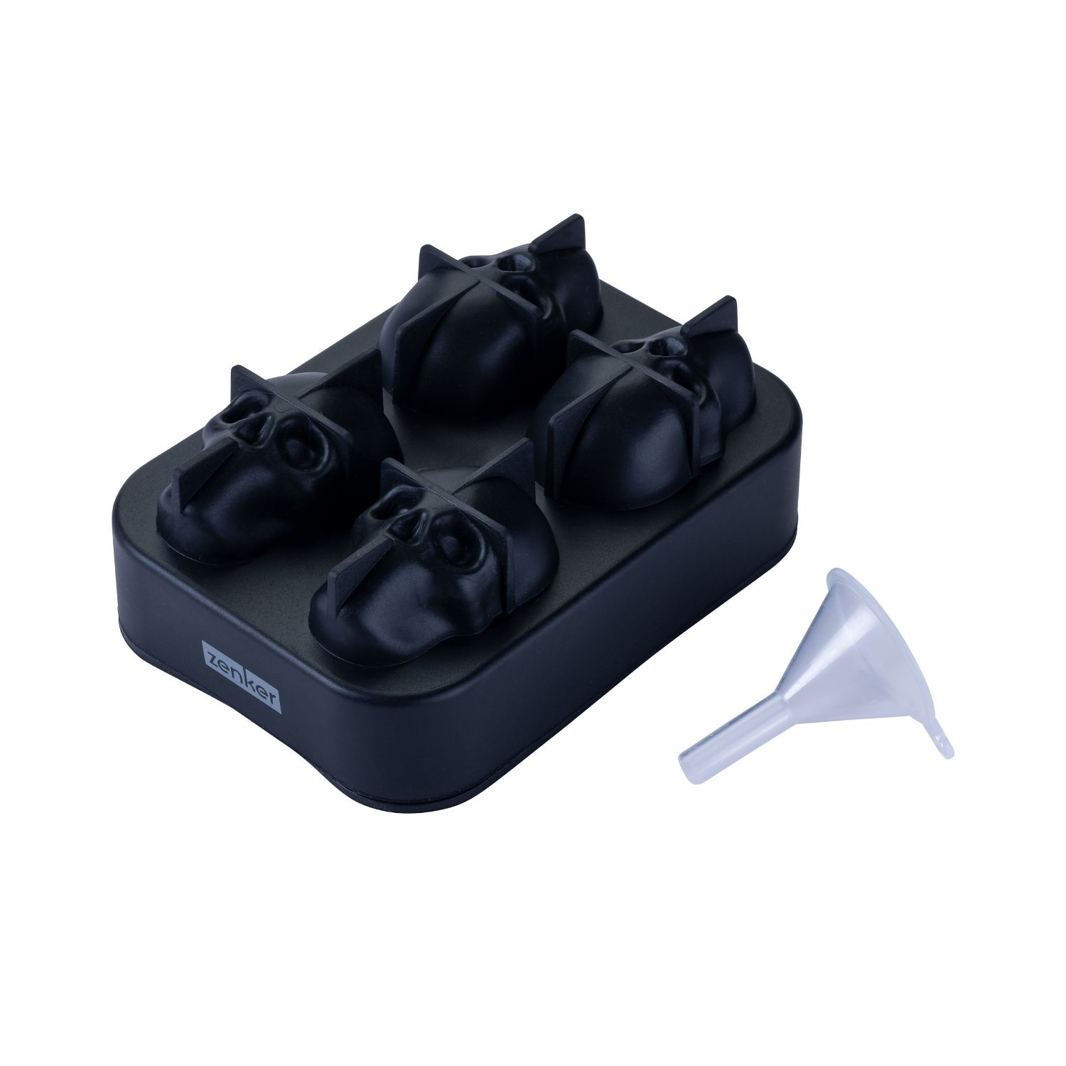 Schwarze Eiswürfelform aus Silikon mit durchsichtigem Trichter