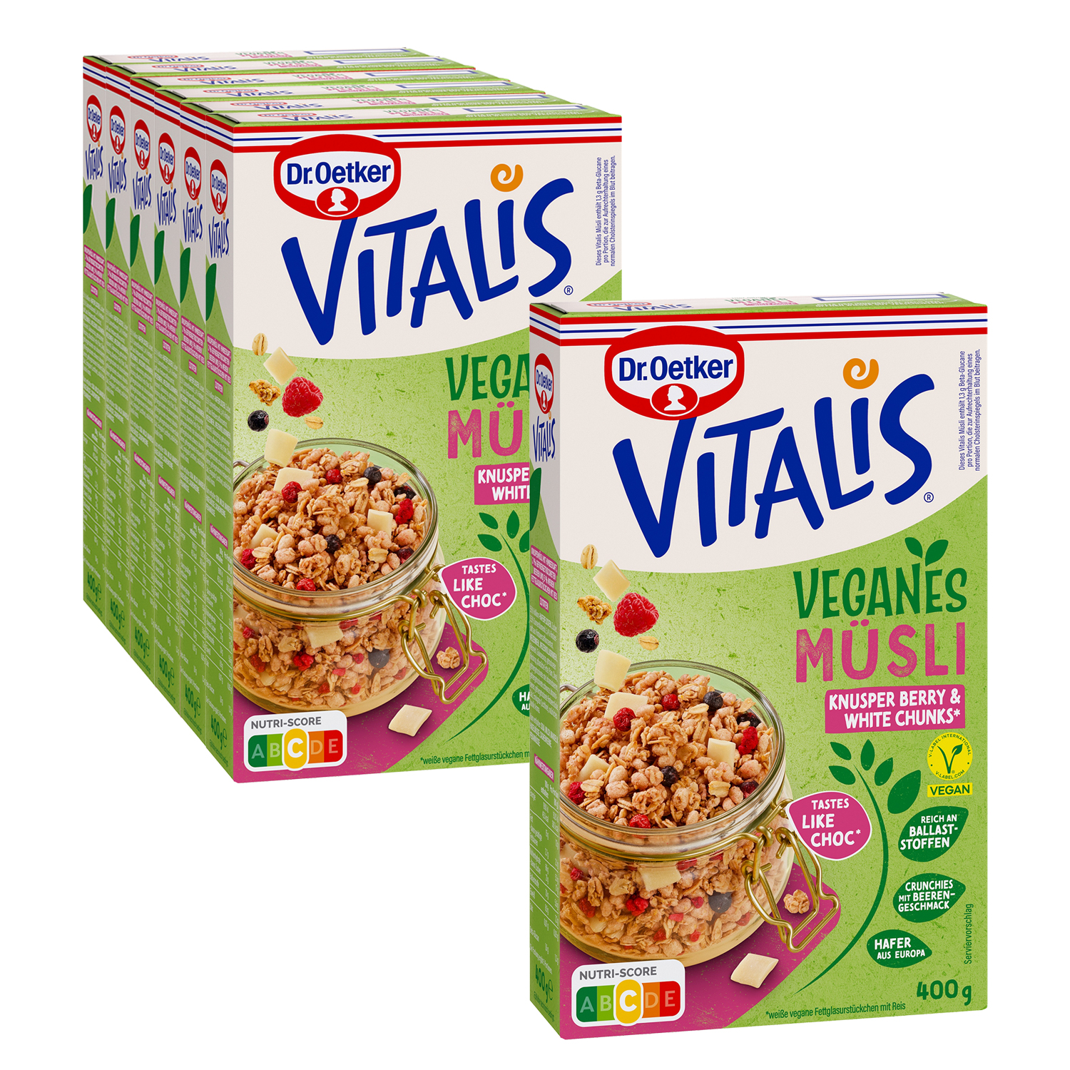 Vitalis Vegan Knusper Berry White Chunks, 6er-Pack + 1 gratis
