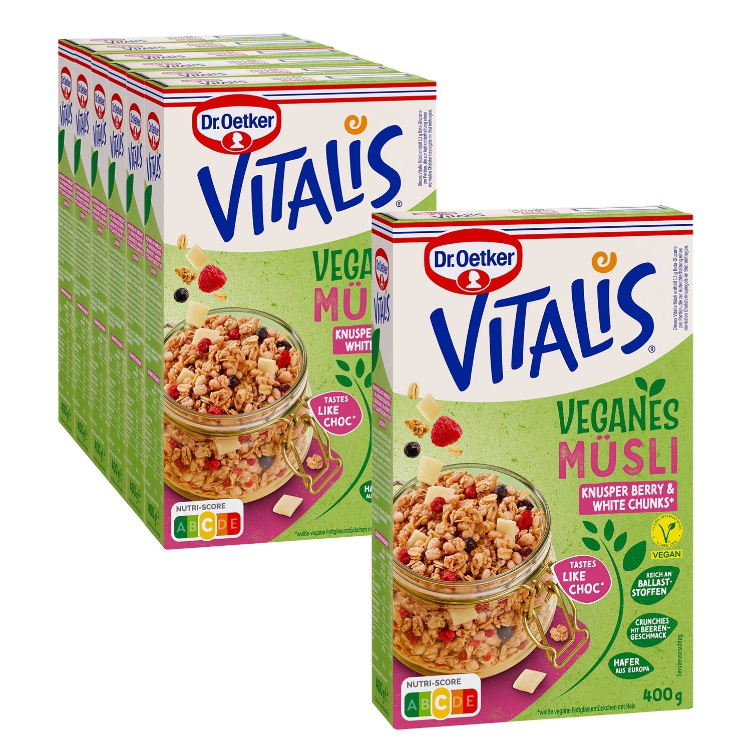 Vitalis Vegan Knusper Berry White Chunks, 6er-Pack + 1 gratis