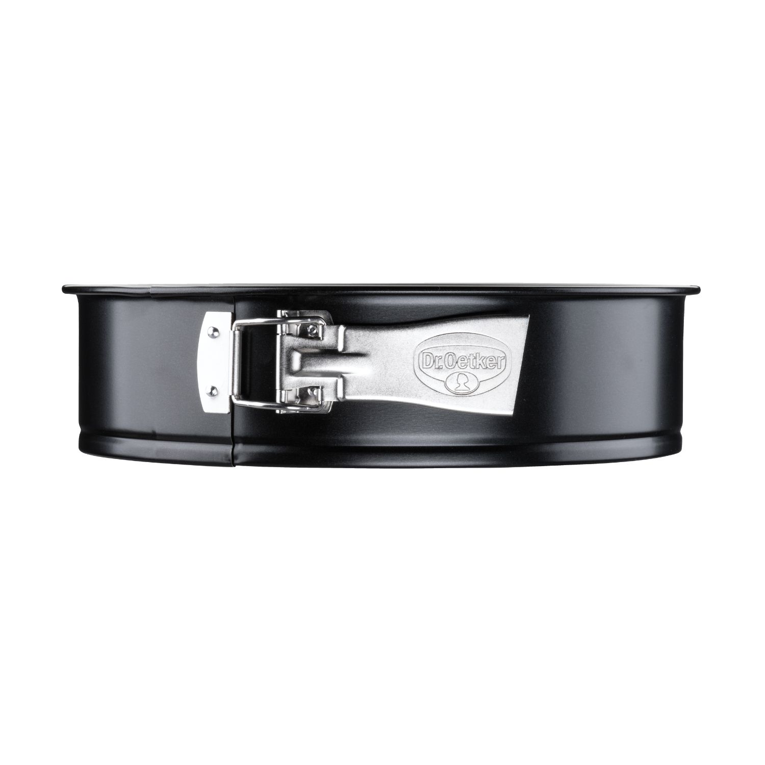 Eine schwarze Springform mit silbernem Verschluss, wo das Dr. Oetker Logo abgebildet ist