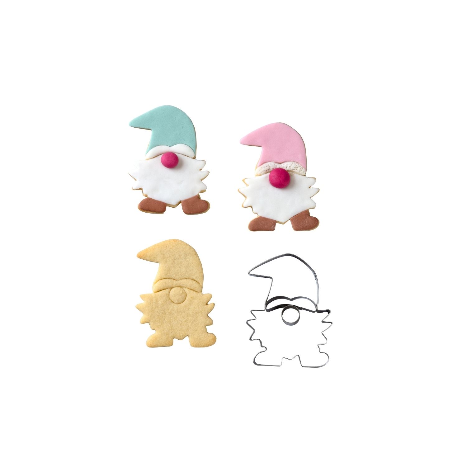drei Wichtelmännchenkekse und der dazugehörige Ausstecher vor weißem Hintergrund
