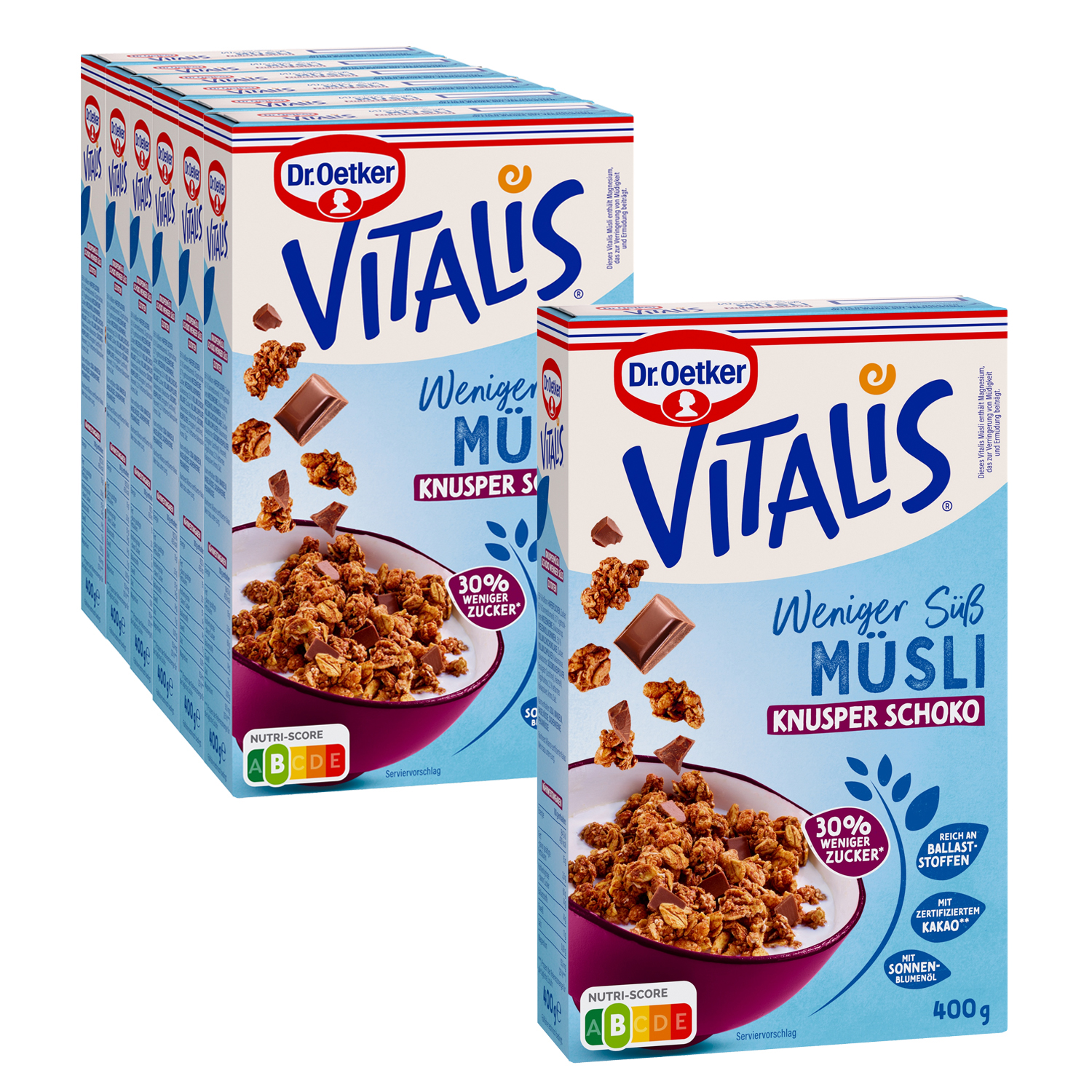 Vitalis Weniger süß Knusper Schoko, 6er Pack + 1 gratis