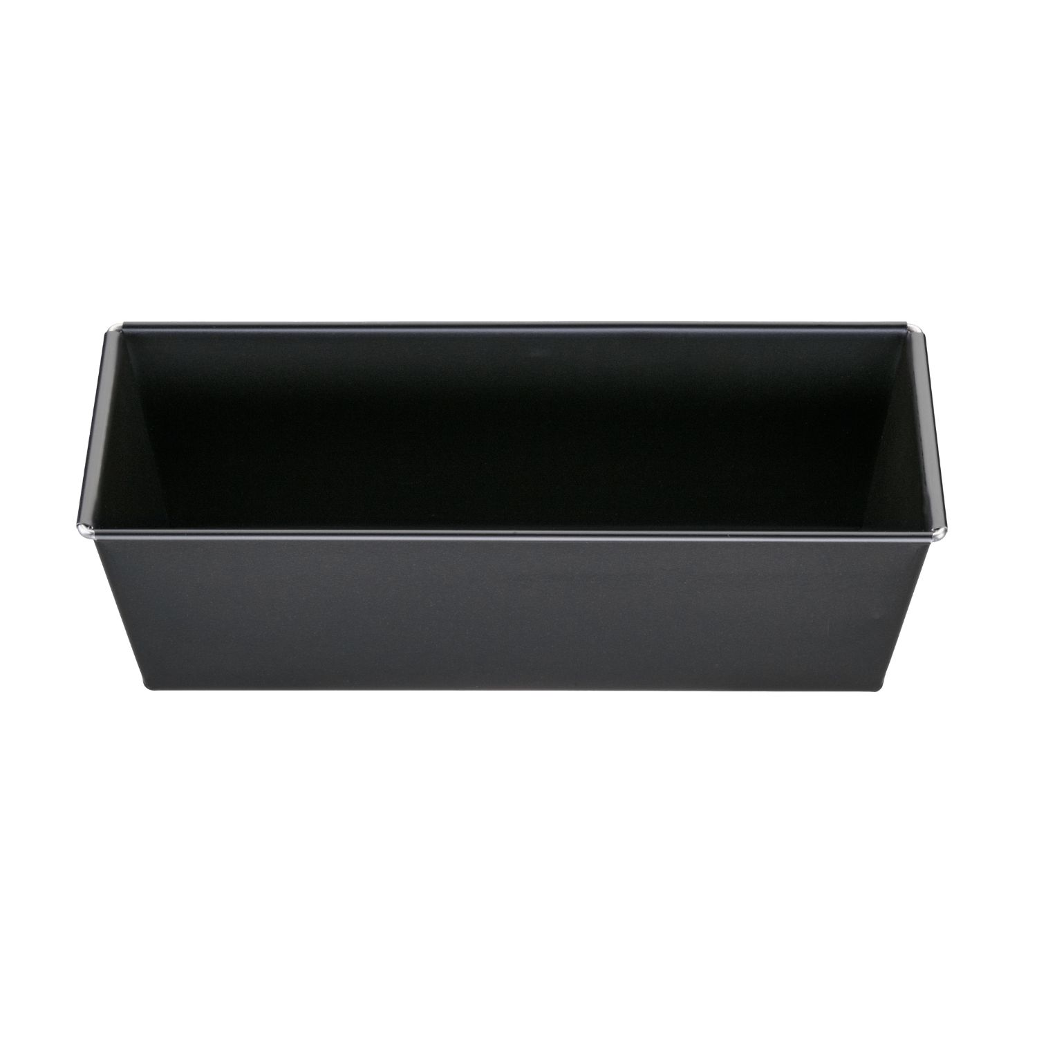 Schwarze Kasten-Backform von oben und vorne, vor weißem Hintergrund