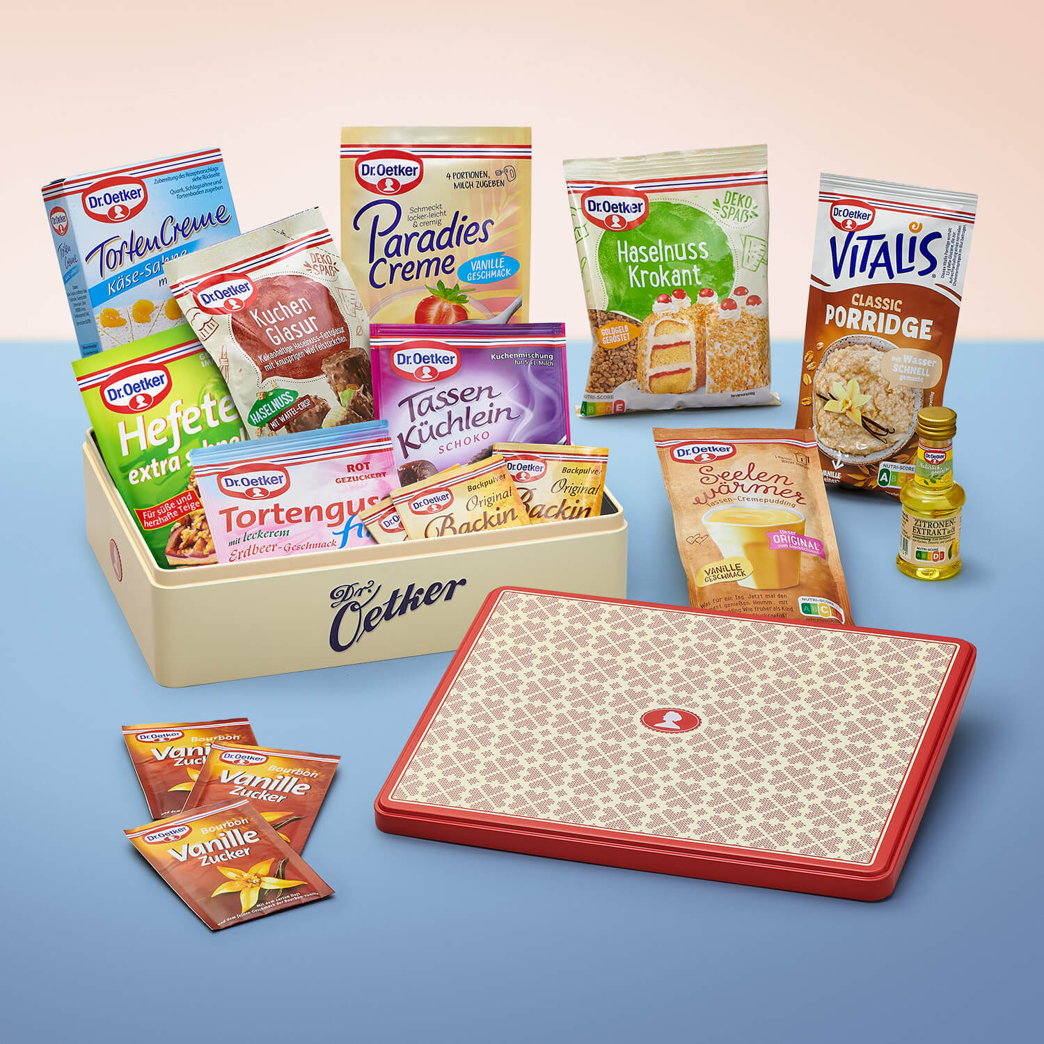 Gefuellte Keksdose von Dr. Oetker mit Bestseller-Produkten