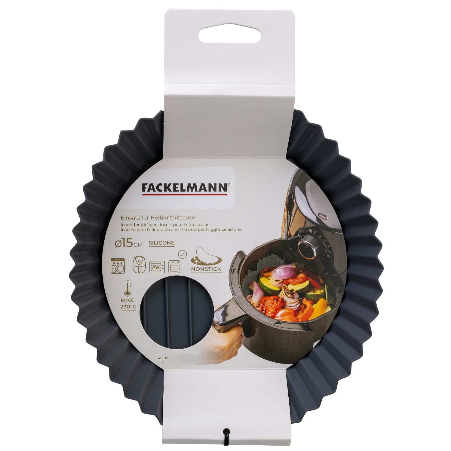 Eine runde Silikonform für die Heißluftfritteuse, vor weißem Hintergrund