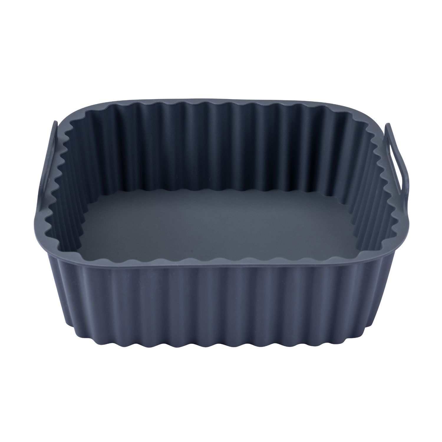 Graue, eckige Silikonform für die Heißluftfritteuse vor einem weißen Hintergrund