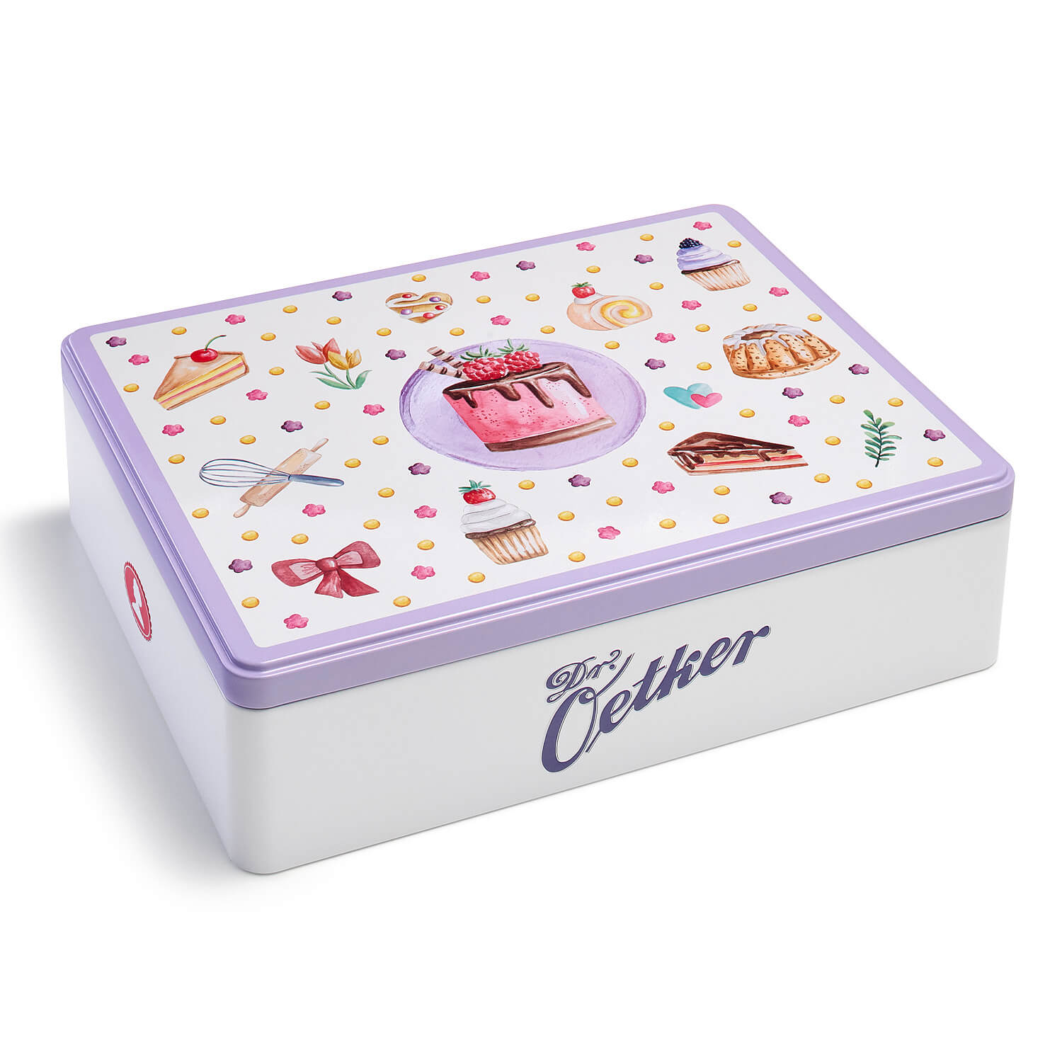 Helle Keksdose mit Gebäckmotiven von Dr. Oetker