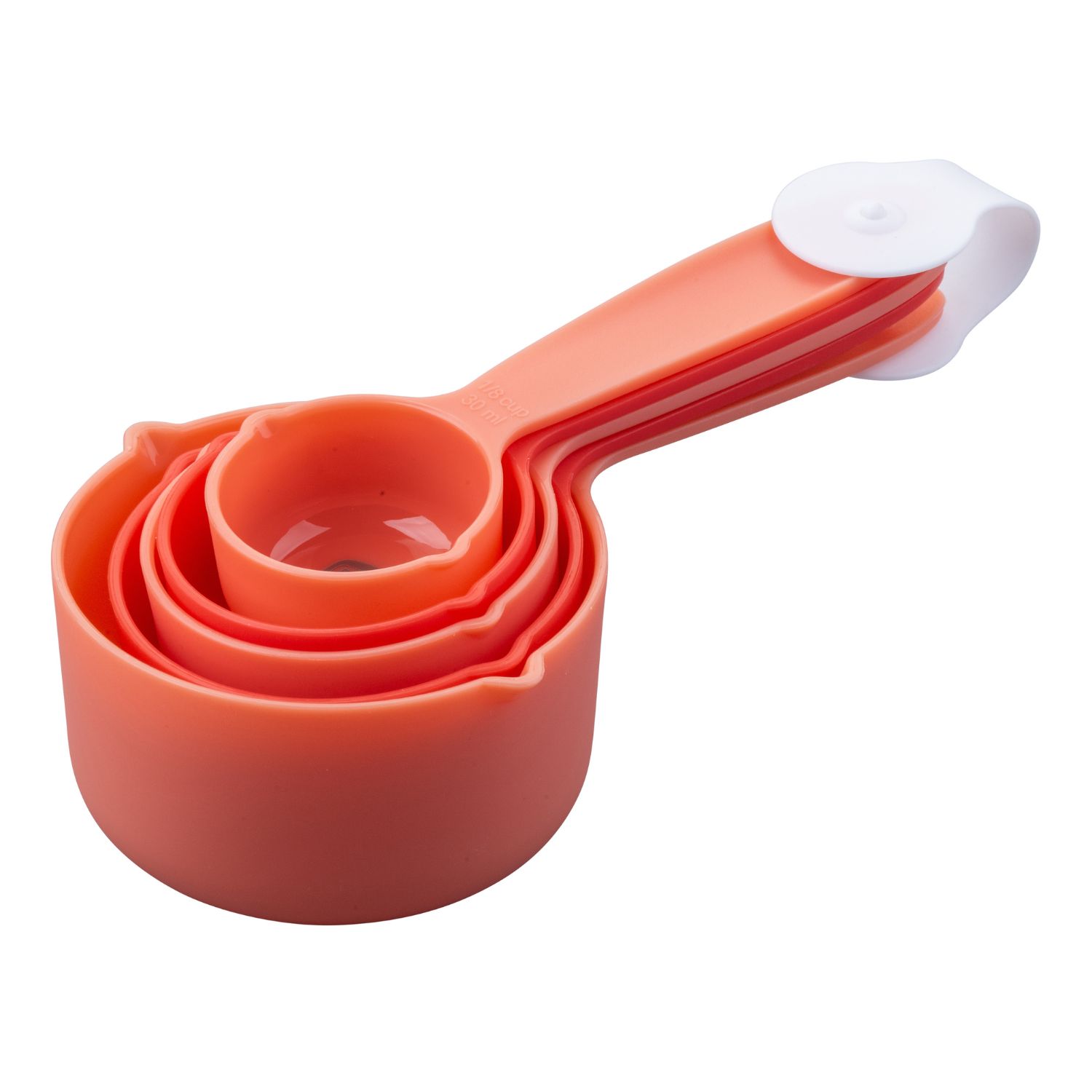 Seitliche Ansicht des roten Messlöffelsets, die Löffel sind zusammengesteckt