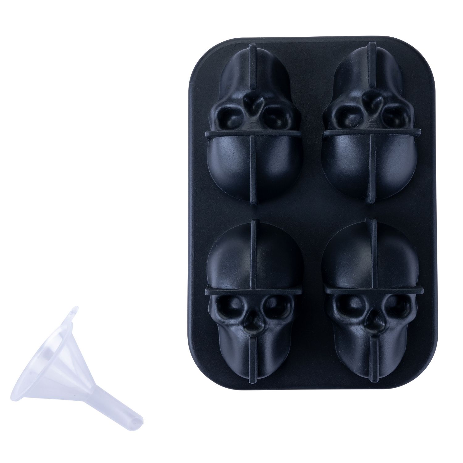 schwarze Eiswürfelform aus Silikon mit durchsichtigem Trichter