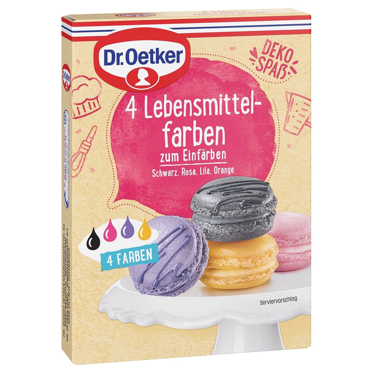 4 Lebensmittelfarben in den Farben schwarz, pink, gelb und lila vor weißem Hintergrund