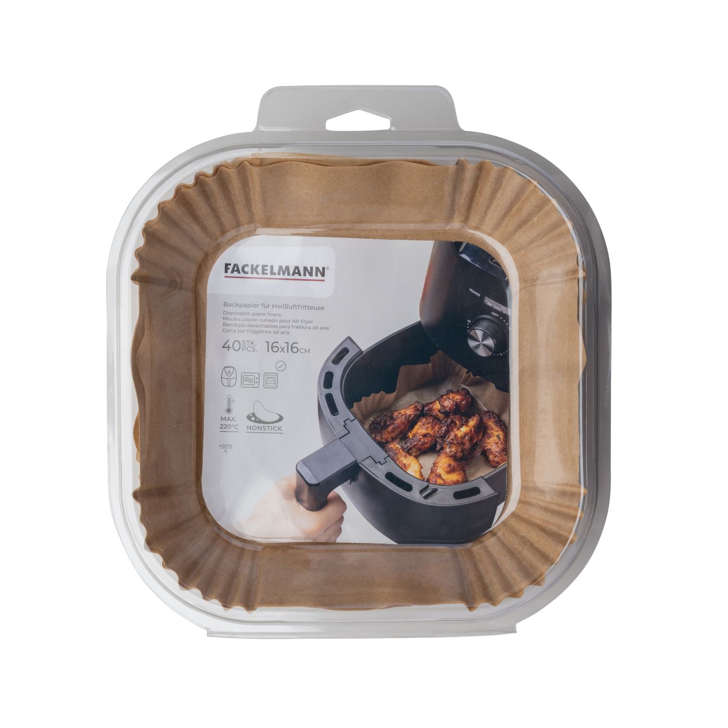 Backpapier eckig für Heissluftfritteusen in der  Verpackung