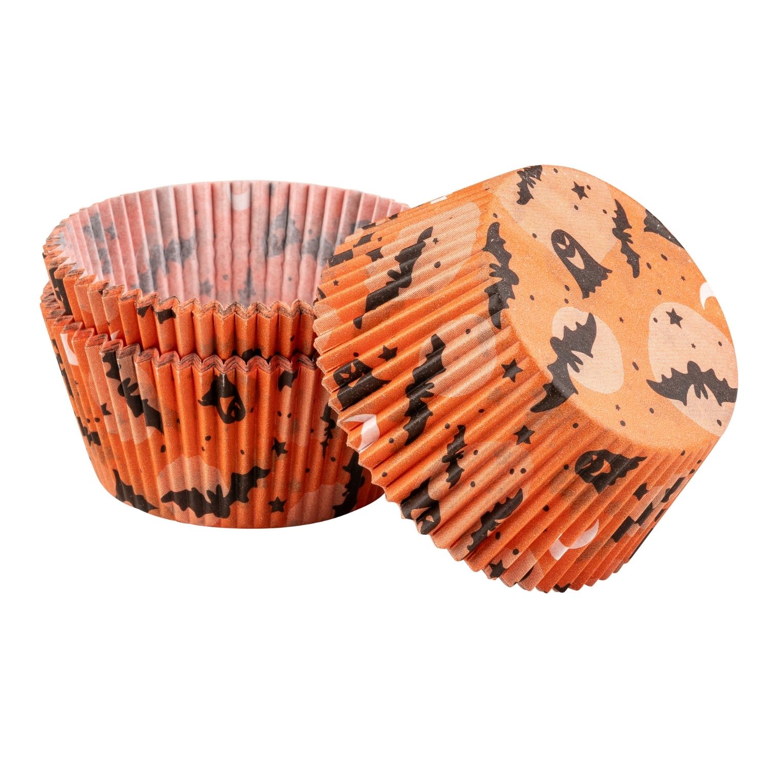 Muffinbackförmchen im Halloween Fledermaus Design mit Fledermäusern auf oranger Fläche