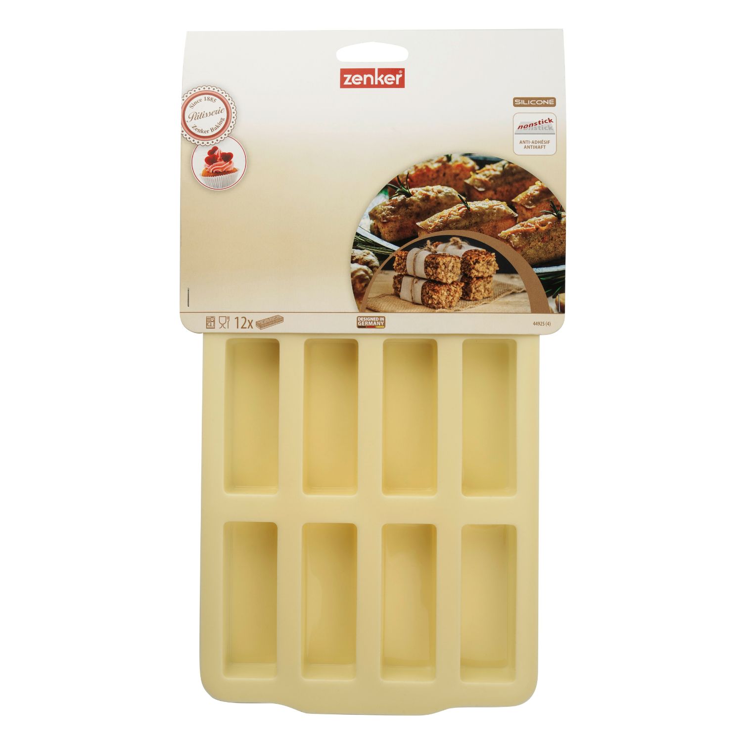 Eine gelbe Silikonform für Minikuchen oder Müsliriegel in der Verpackung
