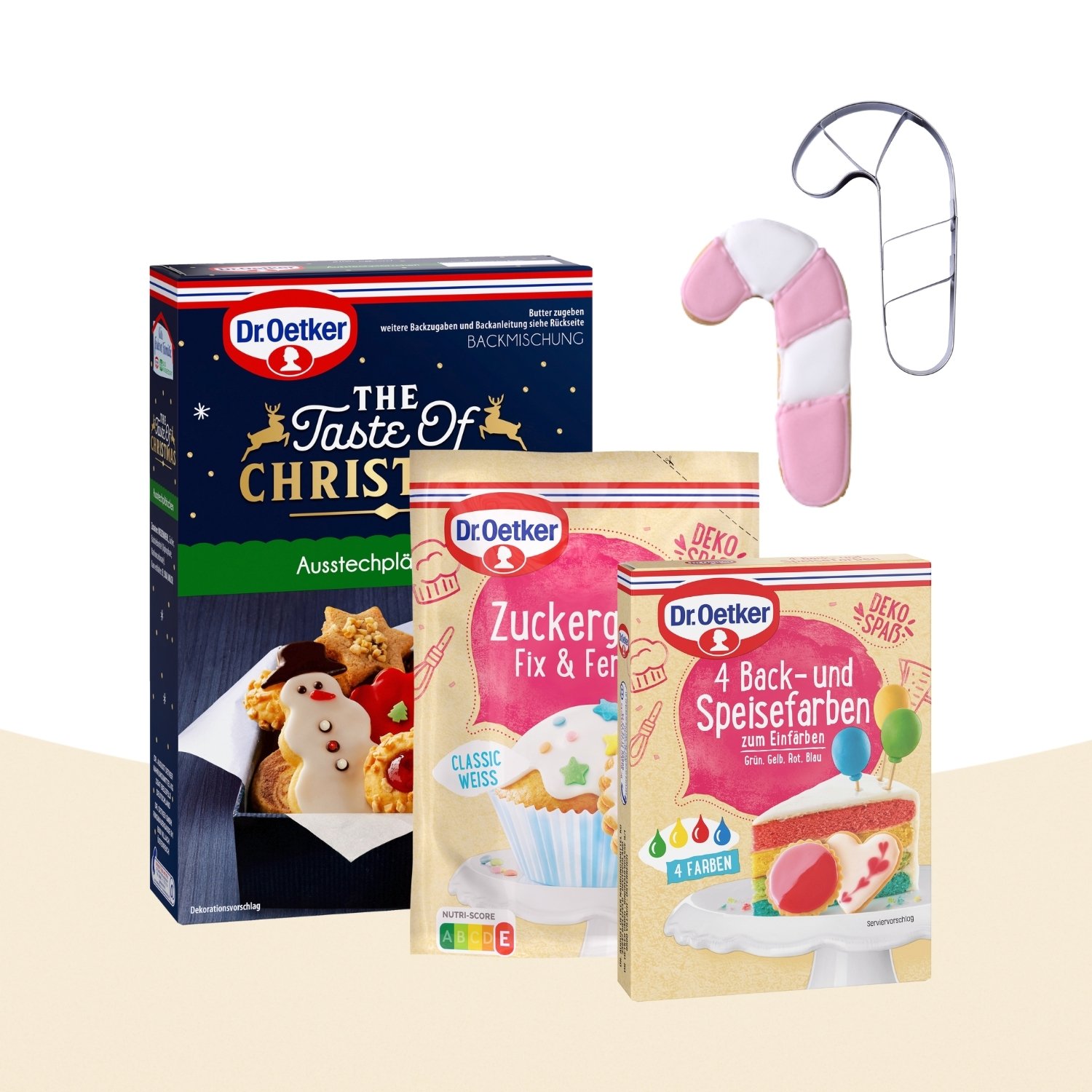 Produktbilder für Backmischung und Dekorartikel zum Backen von Zuckerstangen-Keksen