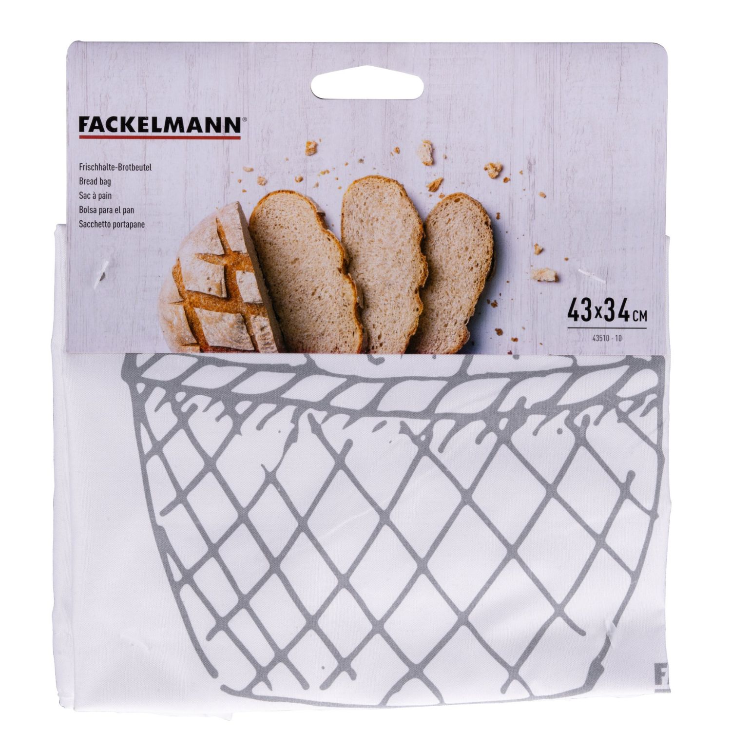 Verpackung eines Frischhalte Brotbeutels von Fackelmann mit grauem Motivdruck