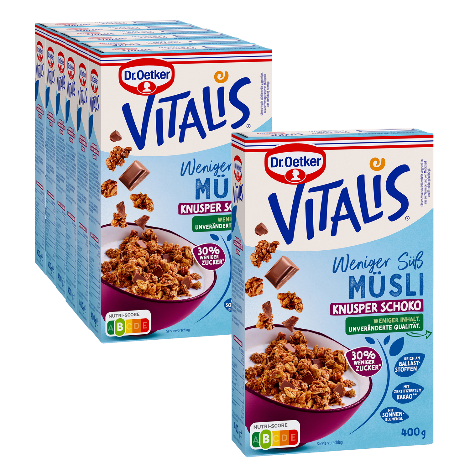 Vitalis Weniger süß Knusper Schoko, 6er Pack + 1 gratis